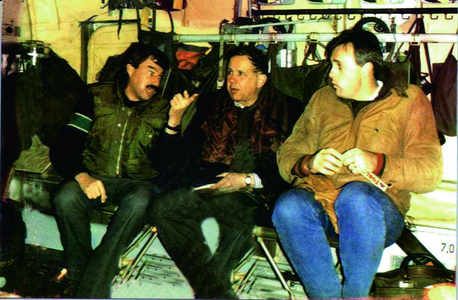 Left to right: Lionel Rosenblatt, then head of Refugees International, Mort Abramowitz and Mark Malloch Brown, at Sarajevo airport moments before coming up with the concept of Crisis Group, January 1993.